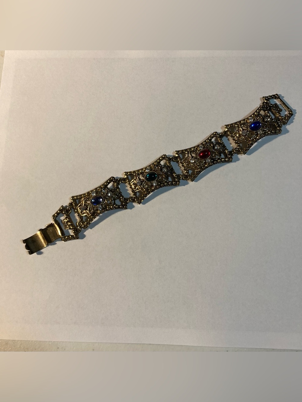 VINTAGE PANEL LINK BRACELET  ANTIQUE GOLD-TONE W/ COLORFUL CABOCHON STONES